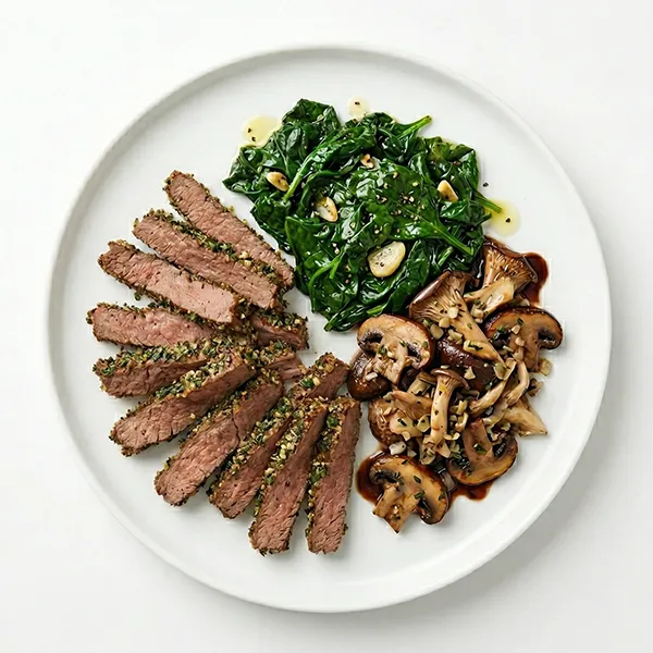 Herb Crusted beef with Garlic Spinach and Mushroom Medley